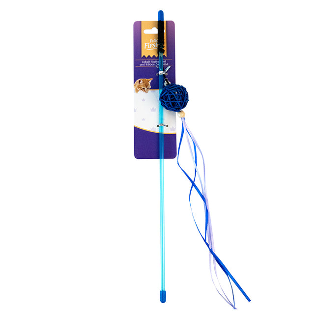 Feline First Cobalt Rattan Ball and Ribbon Cat Wand