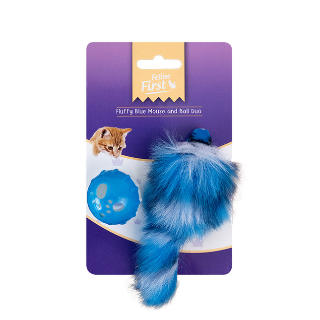 Feline First Fluffy Blue Mouse and Ball Duo