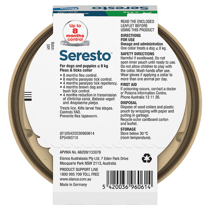 Seresto - Flea & Tick Collar (Puppies & Dogs up to 8kg)