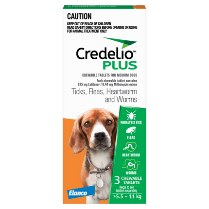 Credelio Plus - Chewable Tablets for Medium Dogs (5.5-11kg) (3pk)