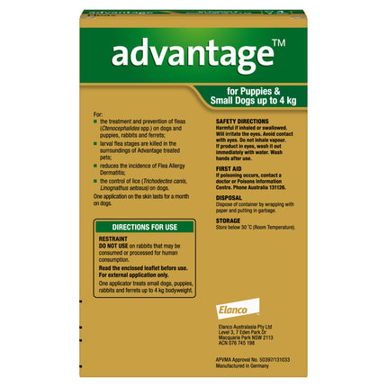 Advantage - Flea Treatment for Puppies and Dogs up to 4kg (4pk)