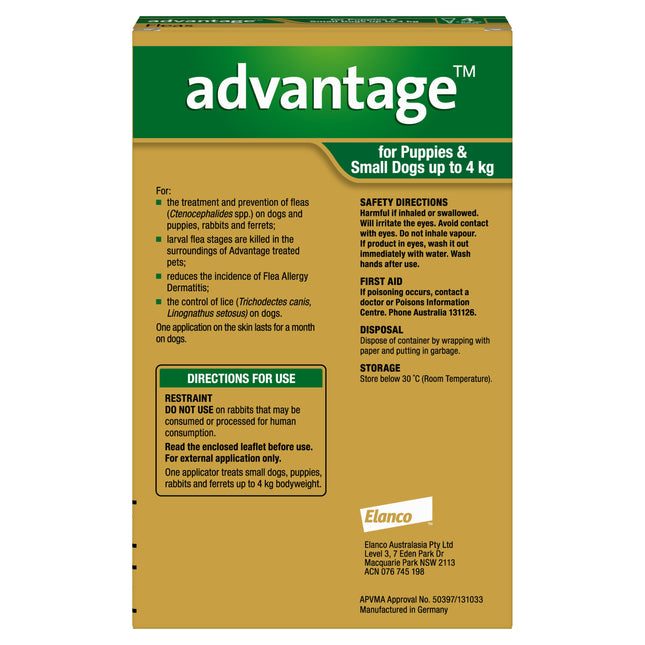 Advantage - Flea Treatment for Puppies and Dogs up to 4kg (4pk)
