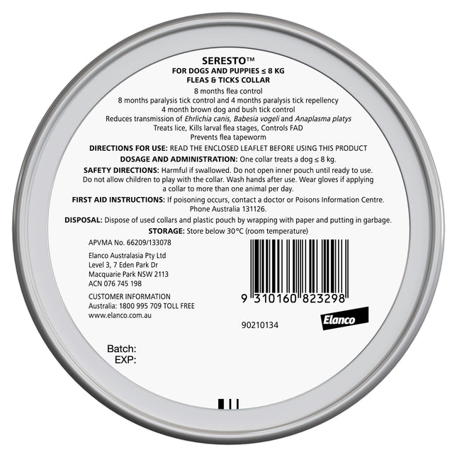 Seresto - Flea & Tick Collar (Puppies & Dogs up to 8kg)